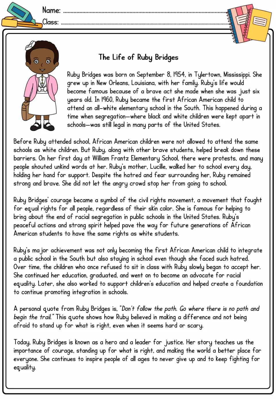 Ruby Bridges biography: students read how she integrated William Frantz Elementary in 1960 and about her famous quote