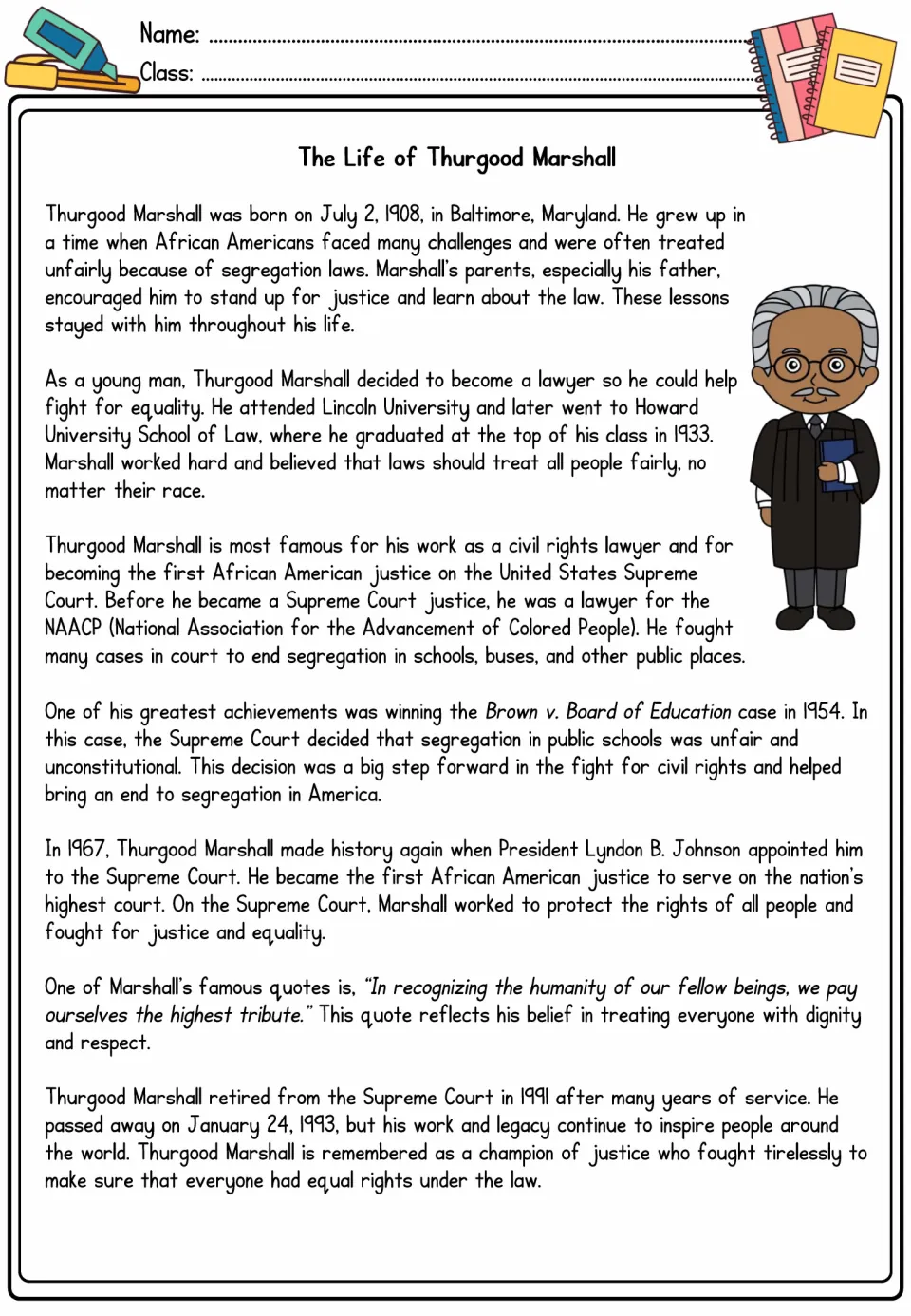 Thurgood Marshall biography: students read about Brown v. Board of Education and his Supreme Court career