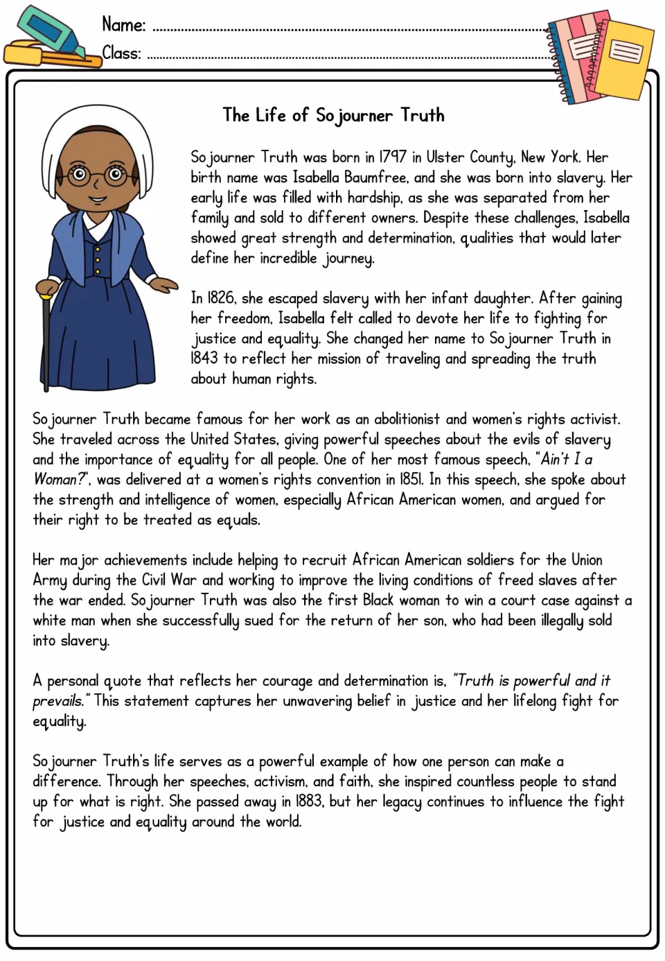 Sojourner Truth biography: students read about her escape from slavery and her 1851 'Ain't I a Woman?' speech