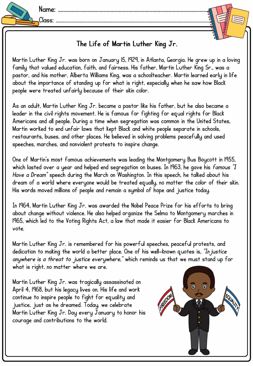 Martin Luther King Jr. biography: students read about the bus boycott, 'I Have a Dream' speech and Nobel Peace Prize