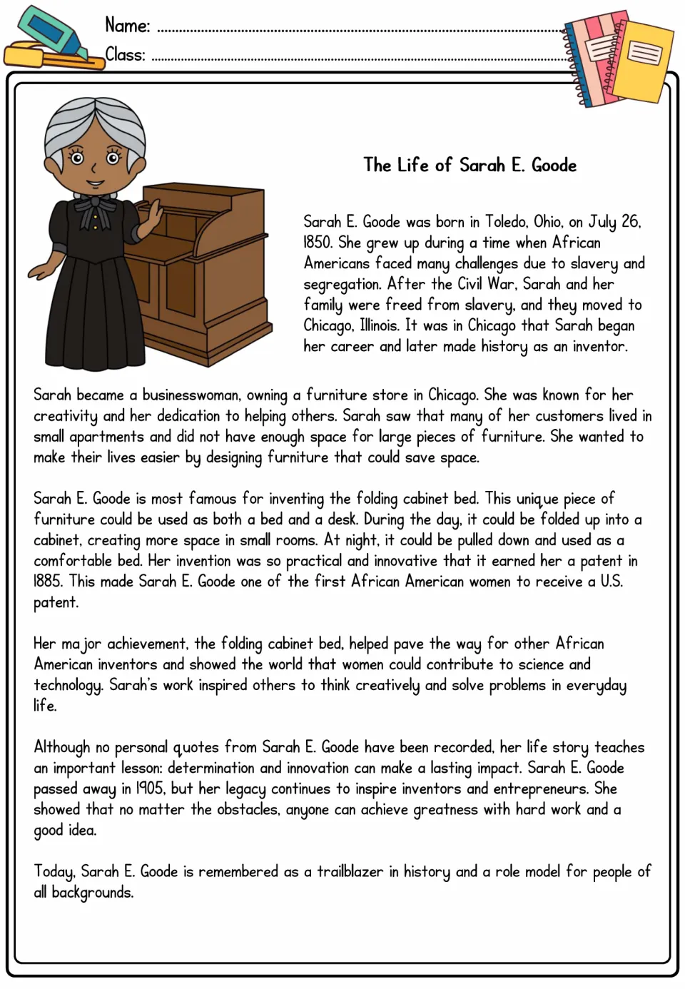 Sarah E. Goode biography: students read about her Chicago furniture store and her 1885 patent for a folding cabinet bed