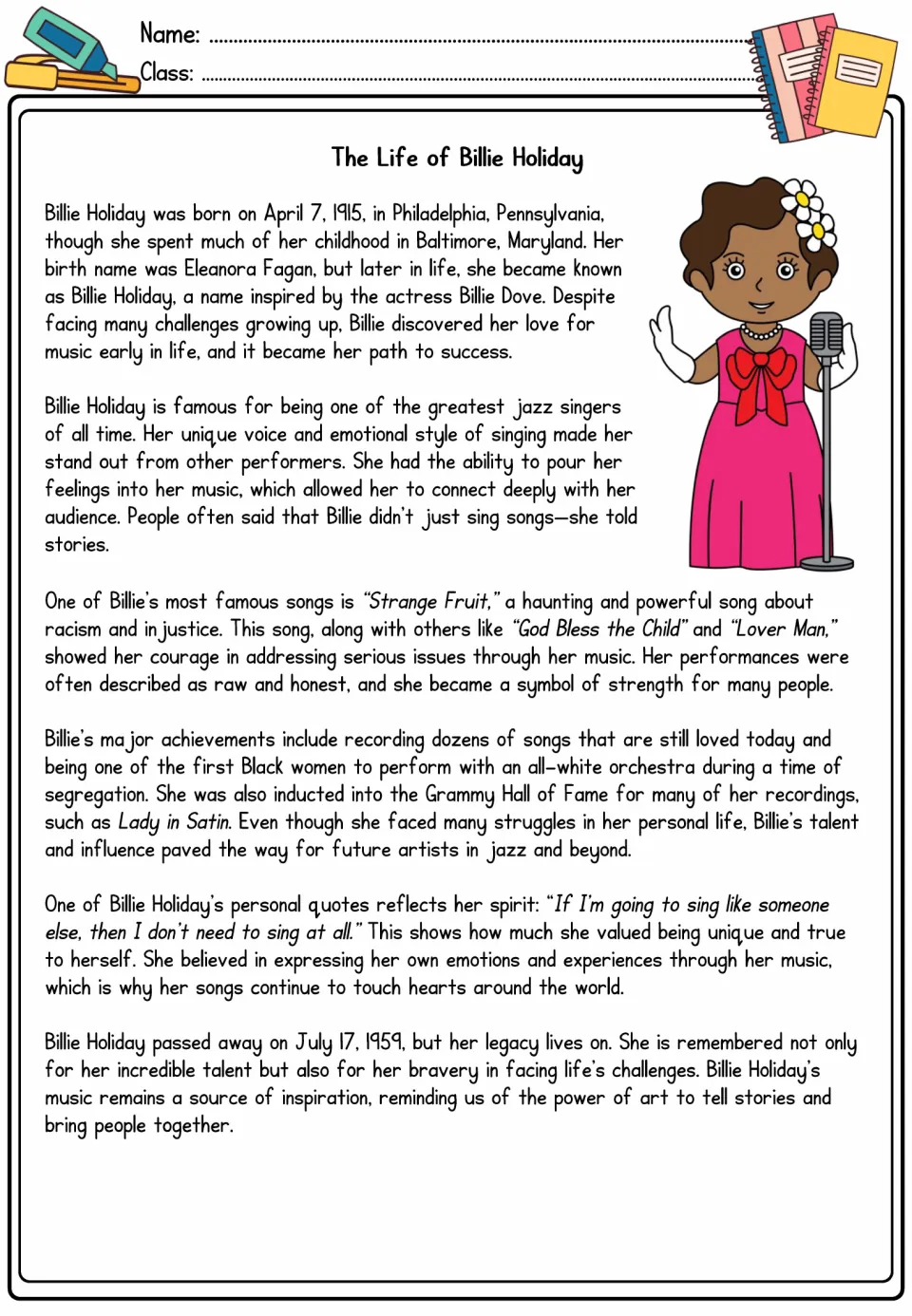 Billie Holiday biography: students read about the jazz singer's life, her song 'Strange Fruit' and her legacy