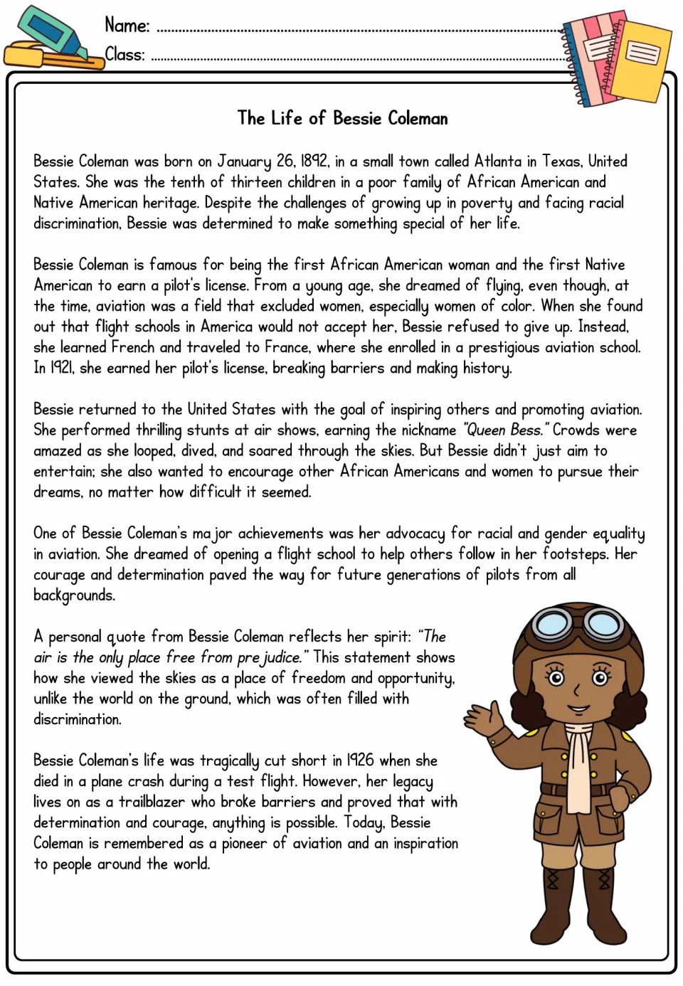 Bessie Coleman biography: students read how she earned a pilot's license in France in 1921 and became 'Queen Bess'