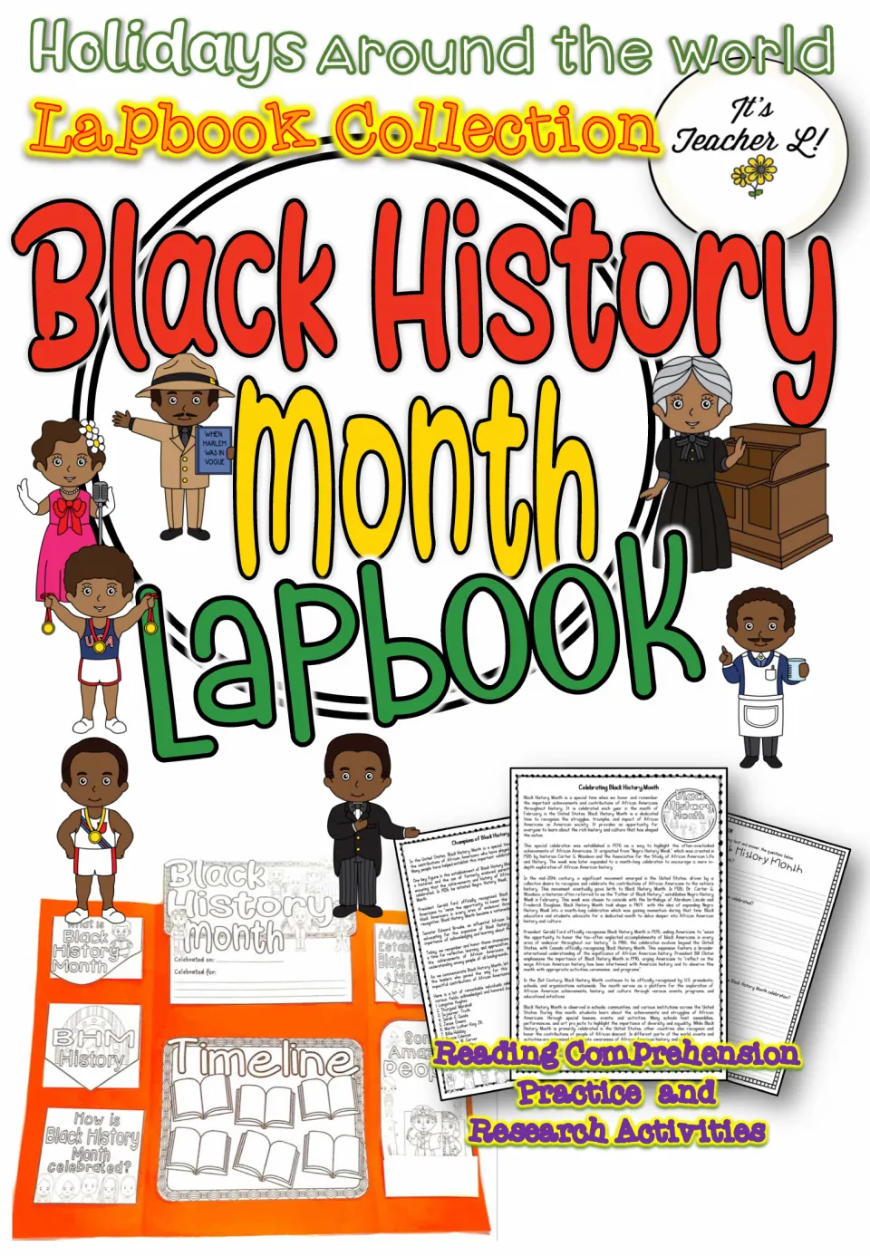 Black History Month lapbook cover showing a sample orange lapbook, a reading text and research pages, with famous figures