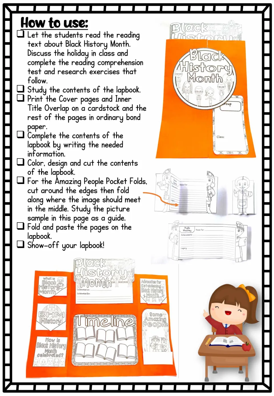 How to use: read the text, answer questions, then color, cut and fold Amazing People pockets and paste into the lapbook