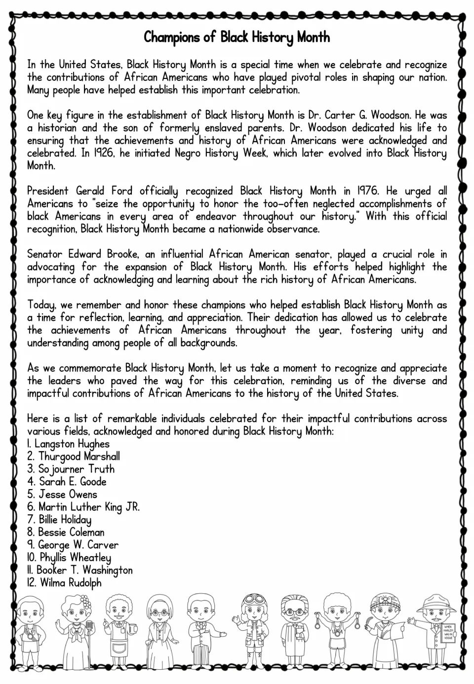 Champions of Black History Month passage on Woodson, Ford and Edward Brooke, plus a list of 12 notable people to research