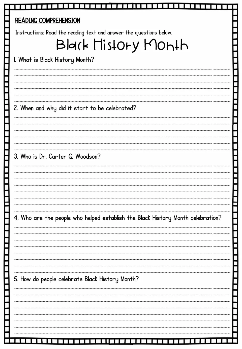 Reading comprehension: 5 questions on what the month is, when it began, who Carter G. Woodson is and how it is observed