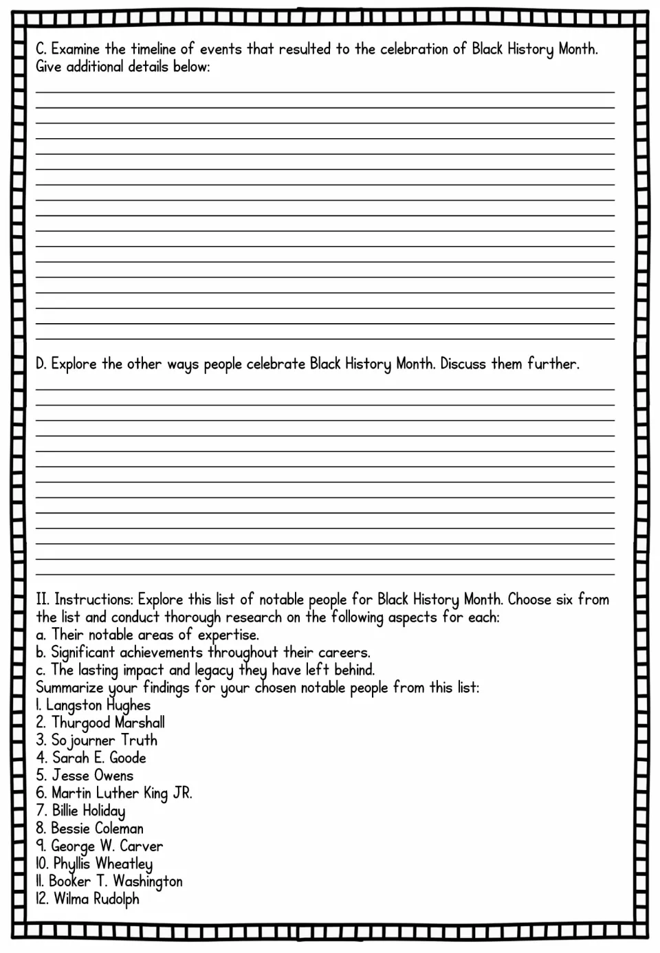Timeline and celebration research, then students choose 6 of 12 notable people to study expertise, achievements and legacy