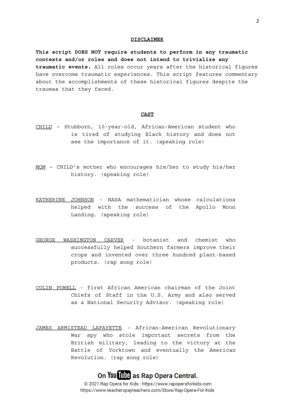 Musical cast descriptions introduce Child, Mom, Katherine Johnson, Colin Powell, and two historical rap roles.