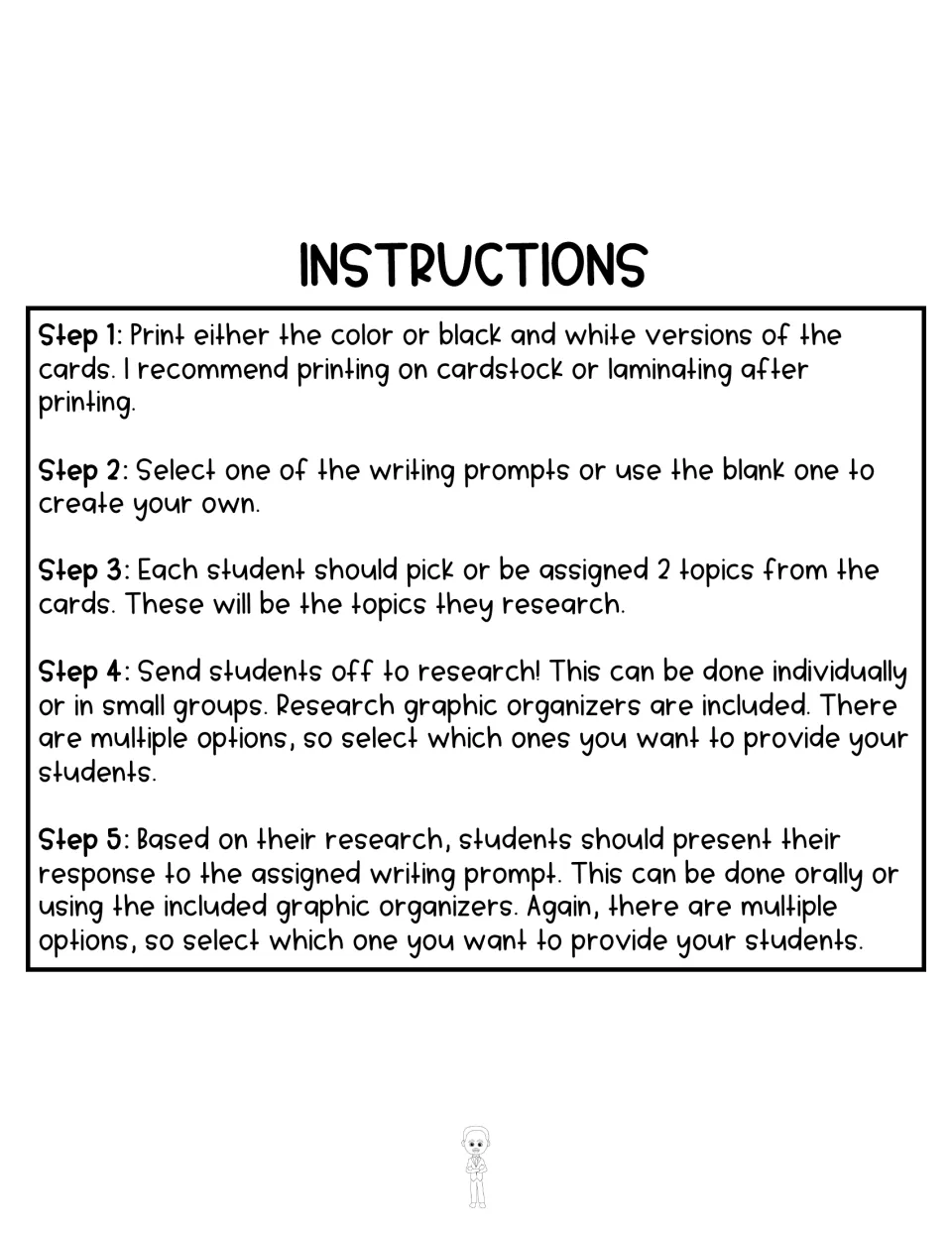 Five-step instructions for printing cards, choosing a prompt, researching two topics, and presenting a response