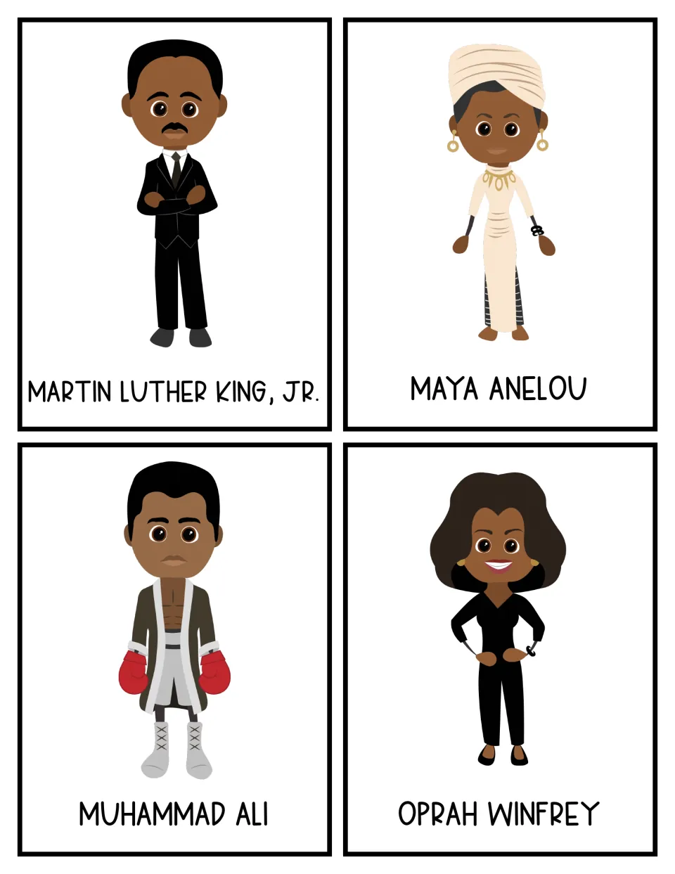 Color cards 13–16: Martin Luther King, Jr., Maya Angelou, Muhammad Ali, and Oprah Winfrey
