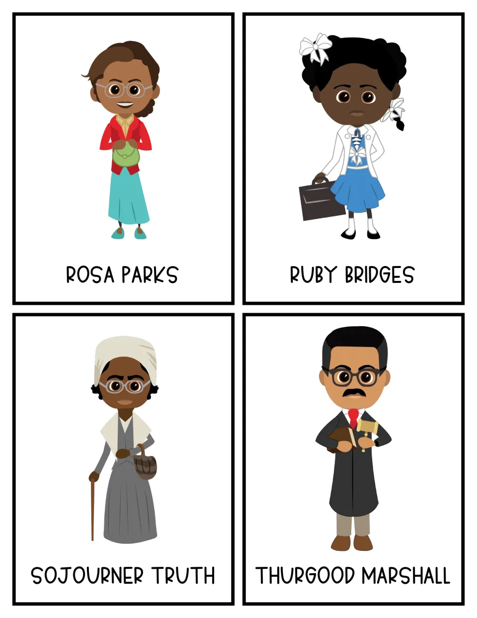 Color cards 17–20: Rosa Parks, Ruby Bridges, Sojourner Truth, and Thurgood Marshall