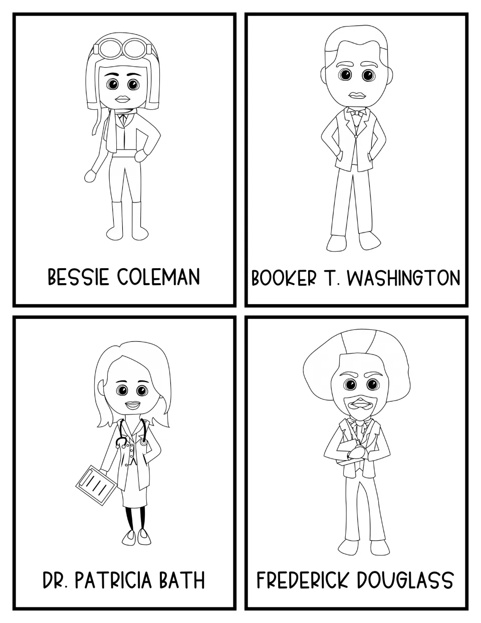 Black-and-white cards 1–4: Bessie Coleman, Booker T. Washington, Dr. Patricia Bath, and Frederick Douglass