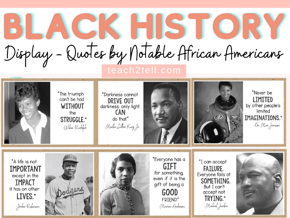 Black History quote poster cover showing samples for Wilma Rudolph, Martin Luther King Jr. and four more
