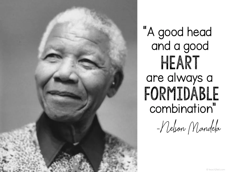Nelson Mandela quote poster pairing his portrait with 'A good head and a good heart are always a formidable combination'