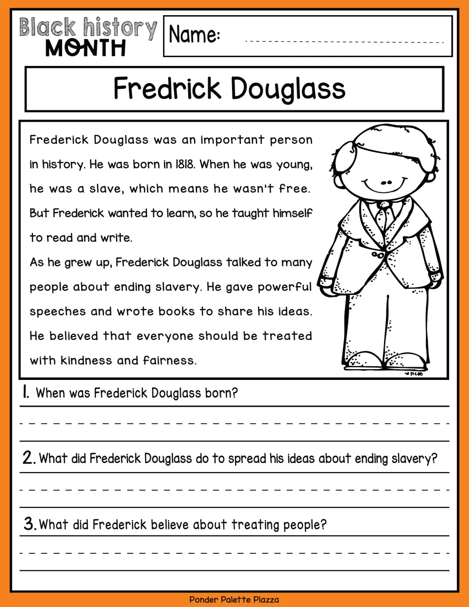 Frederick Douglass reading passage with three questions about his birth, antislavery work, and fairness