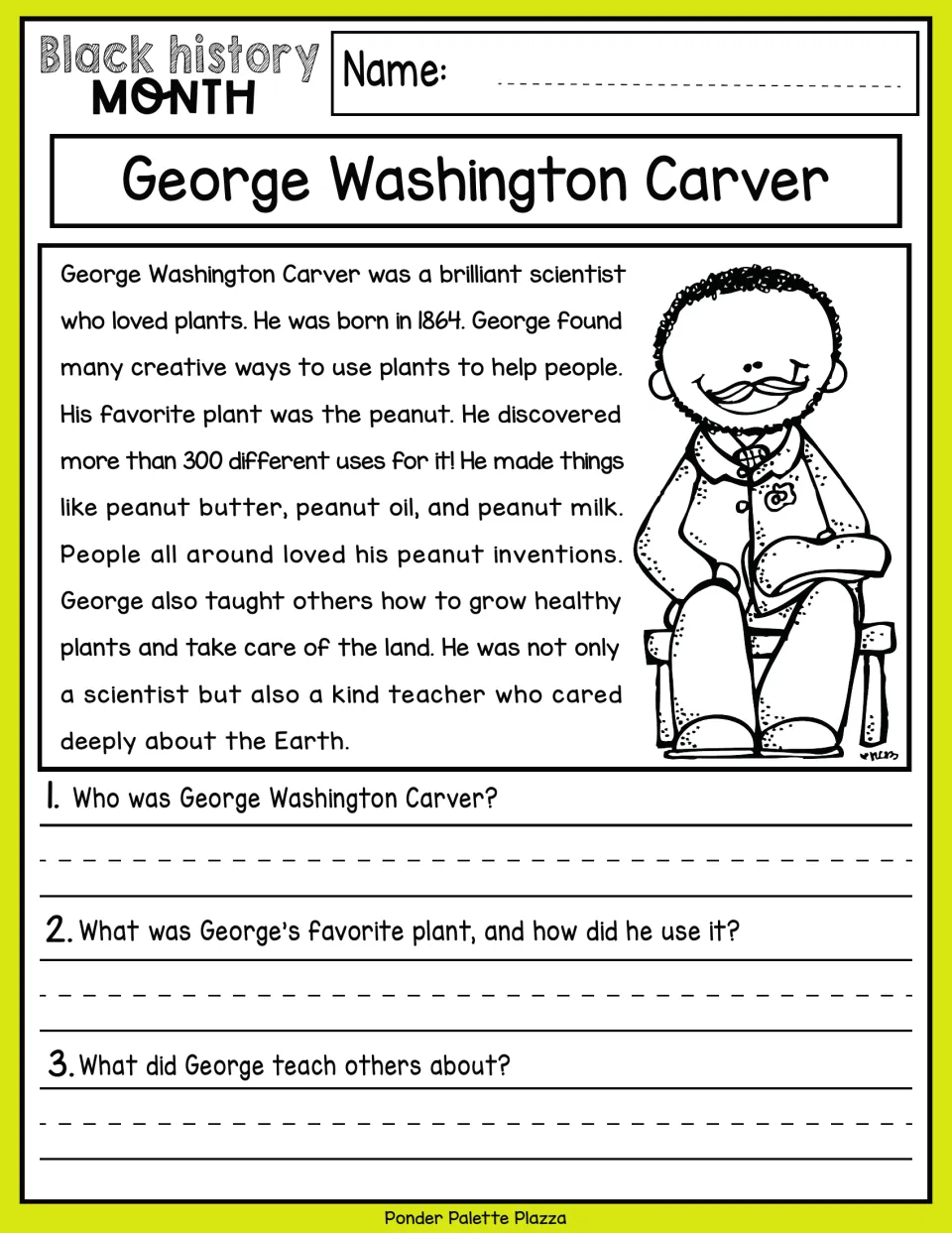 George Washington Carver reading passage with three questions about his work, peanuts, and plant care