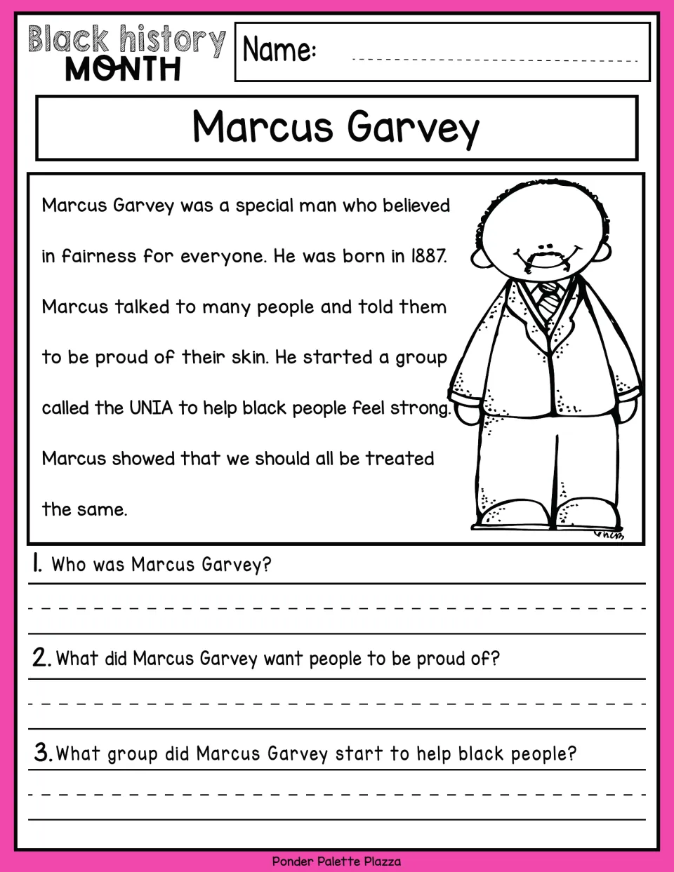 Marcus Garvey reading passage with three questions about his identity, pride in skin color, and the UNIA