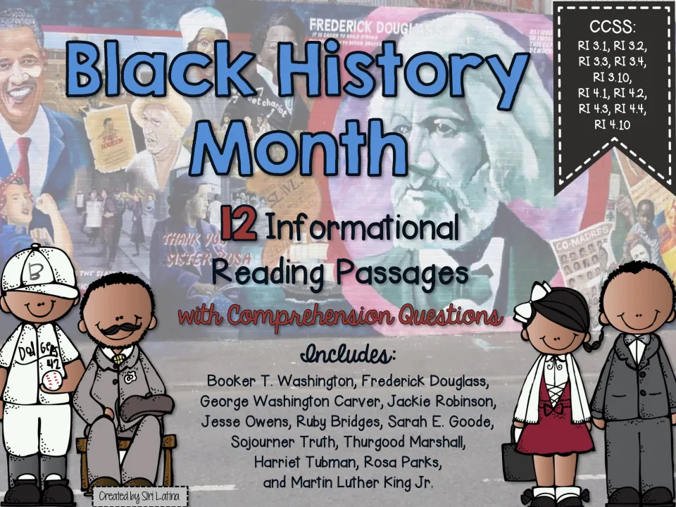 Black History Month cover: 12 informational reading passages with comprehension questions on Douglass, Tubman, Parks, more