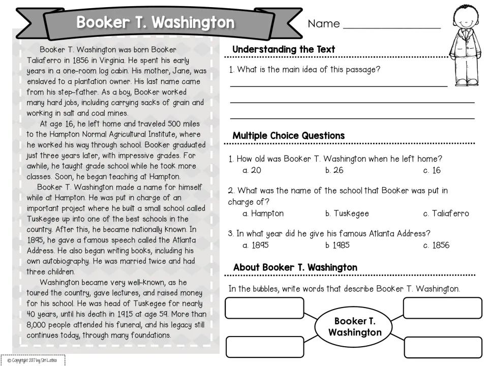 Booker T. Washington biography: students read about Tuskegee, state the main idea, answer multiple choice, list traits