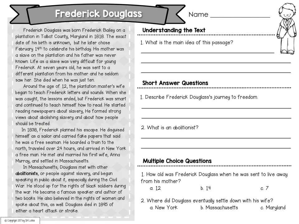 Frederick Douglass passage: students read about his escape, explain the main idea, define abolitionist, answer 2 quiz items