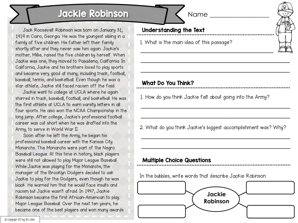 Jackie Robinson passage: students give the main idea, share opinions on his Army service and write describing words