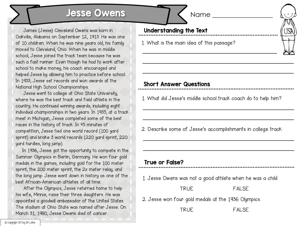 Jesse Owens passage: students state the main idea, answer short questions on his track career and mark 2 true or false items