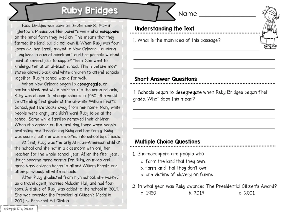 Ruby Bridges passage on desegregation: students state the main idea, explain desegregate and define sharecroppers