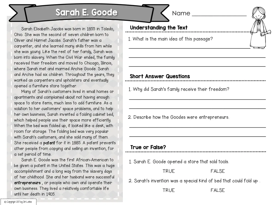 Sarah E. Goode passage on her folding cabinet bed patent: students give the main idea, short answers and true or false