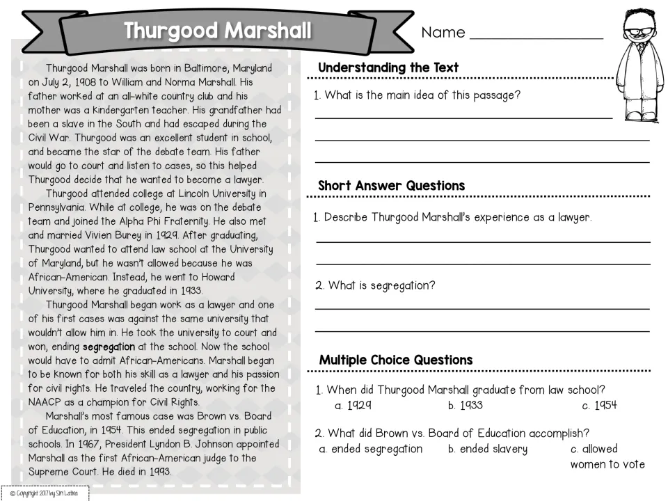 Thurgood Marshall passage: students state the main idea, define segregation and answer questions on Brown vs. Board