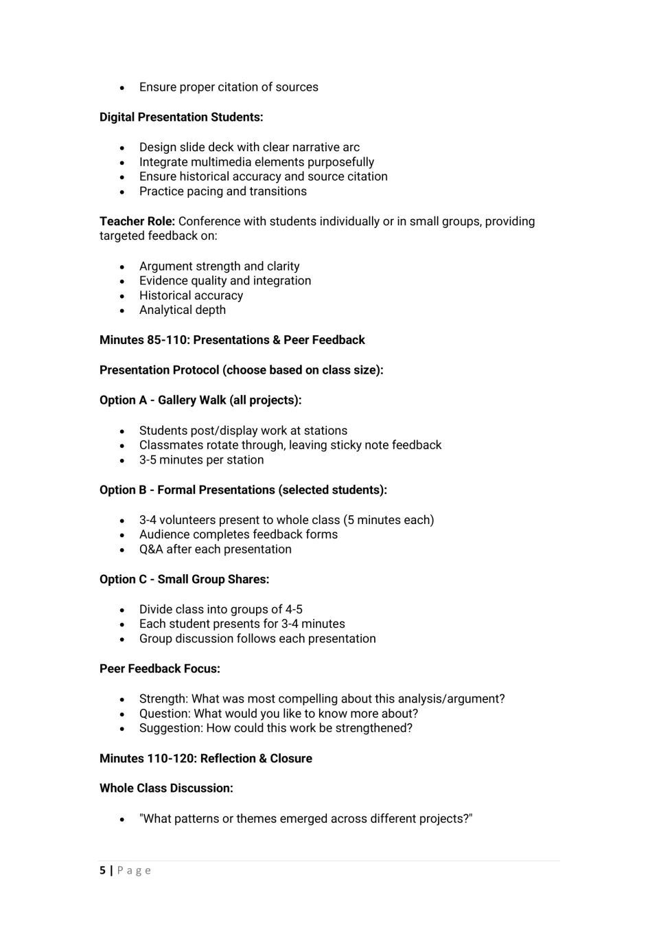 Presentation formats: gallery walk, formal presentations or small group shares, plus peer feedback prompts and reflection