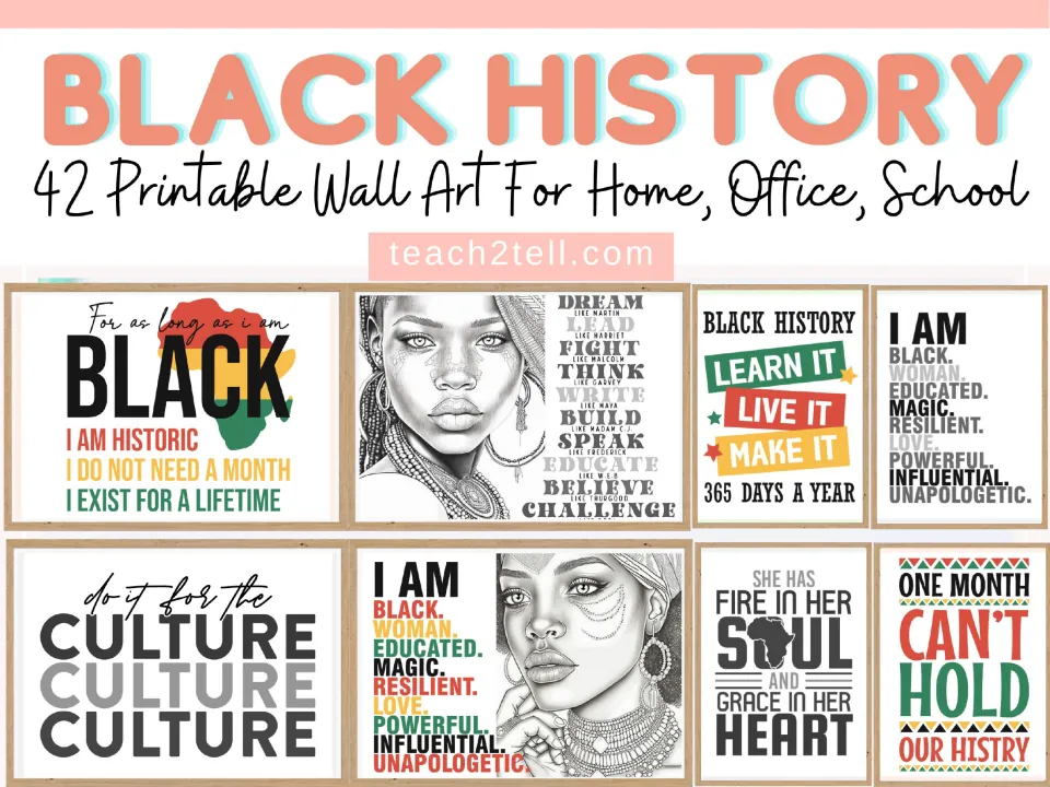 Cover of the 42-poster Black history wall art set, showing sample designs for home, office and school