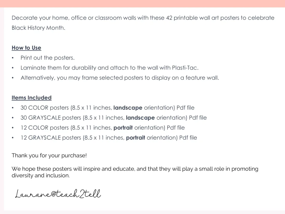 Wall art instructions for printing, laminating or framing, plus counts of color and grayscale posters