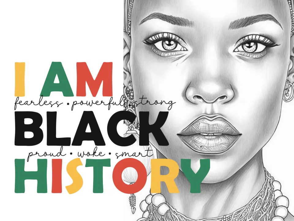 Black history wall art poster reading 'I Am Black History' with fearless, powerful, strong, proud, woke and smart