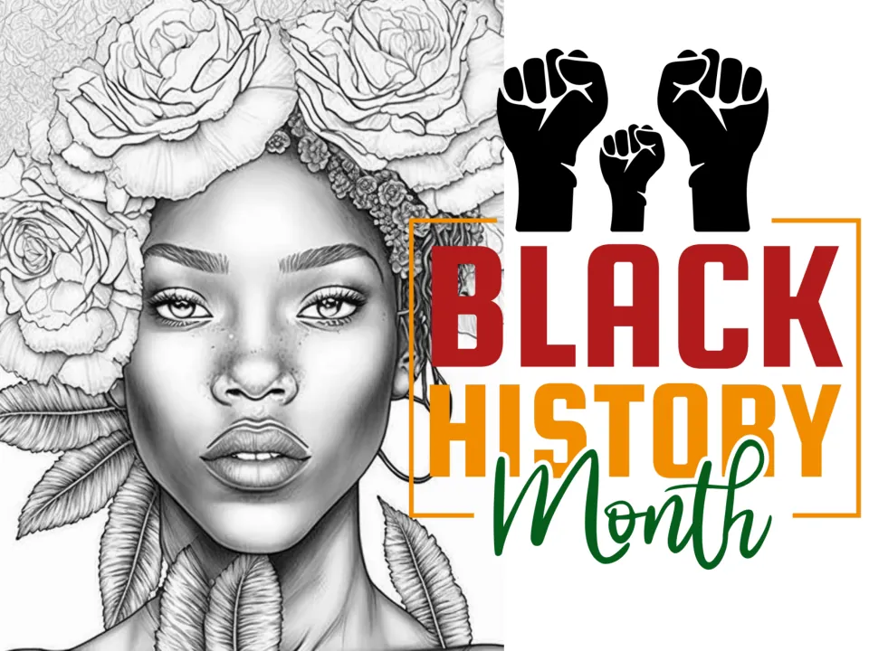 Black history wall art poster reading 'Black History Month' beneath three raised fists symbolizing solidarity