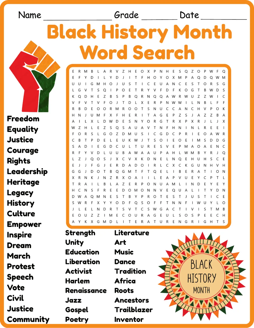 Color word search for Black History Month featuring freedom, equality, justice, courage, and heritage.