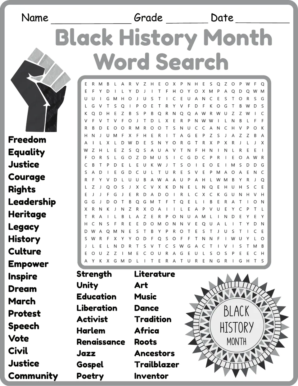 Grayscale version of the Black history word search featuring leadership, culture, liberation, and jazz.