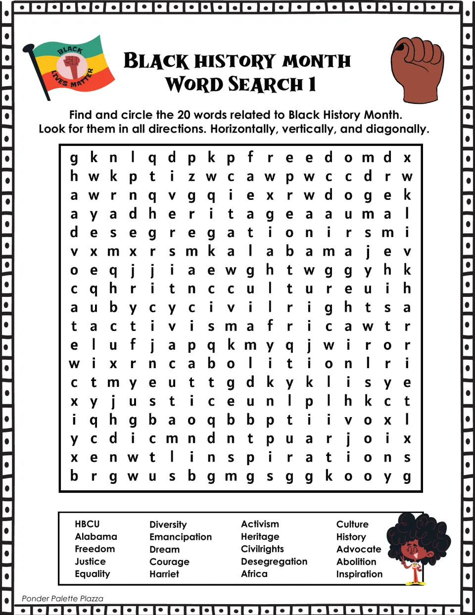 Black History Month word search 1: students find and circle 20 words such as Freedom, Emancipation, HBCU and Abolition