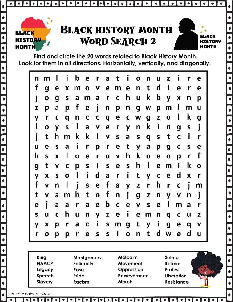 Word search 2, civil rights era: students circle 20 hidden words in all directions, such as King, NAACP, Selma and Rosa