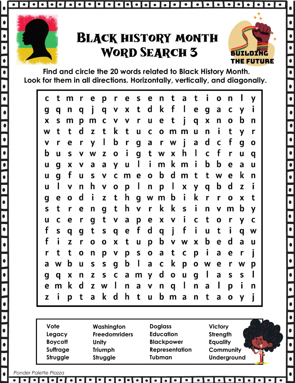 Word search 3: students find 20 words across, down and diagonally, including Tubman, Boycott, Suffrage and Underground