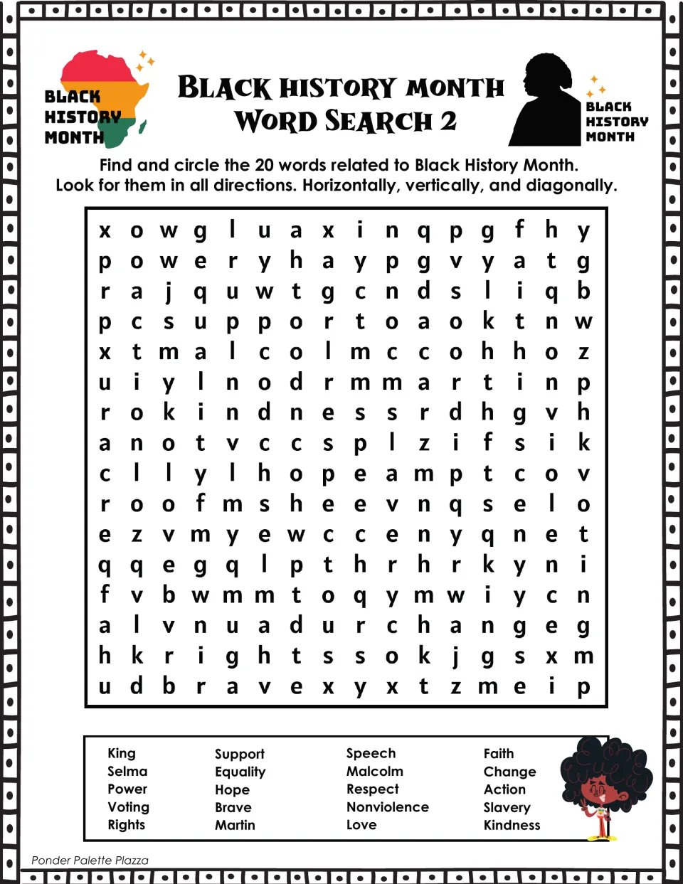 Black History Month Word Search 2: students circle 20 hidden words like King, Selma, Malcolm, Voting and Nonviolence