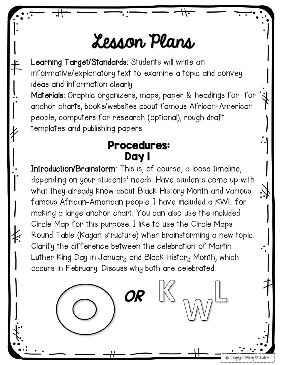 Day 1 lesson plan: students brainstorm what they know about Black History Month on a KWL anchor chart or Circle Map