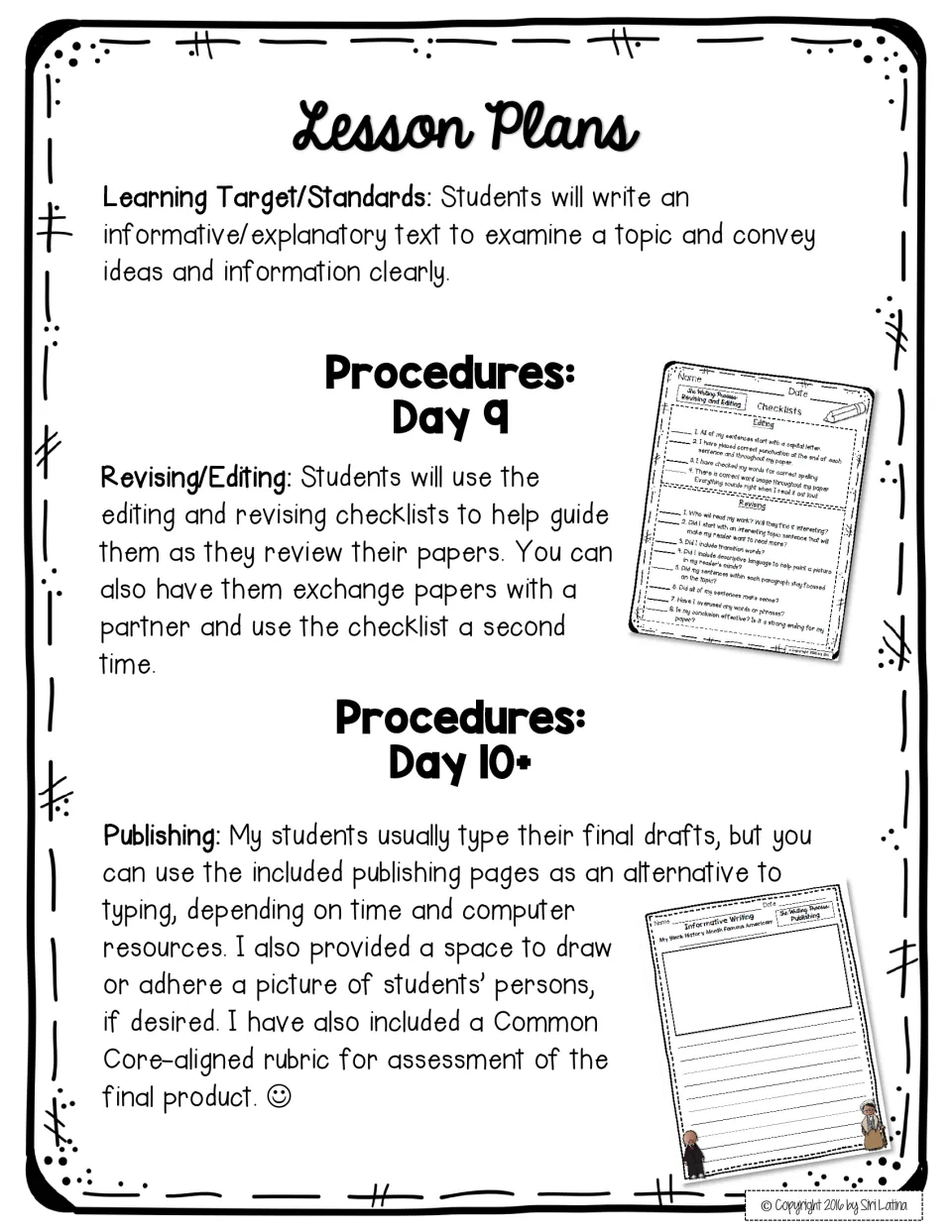 Days 9-10+ lesson plan: students revise and edit with checklists, then publish final drafts typed or on paper