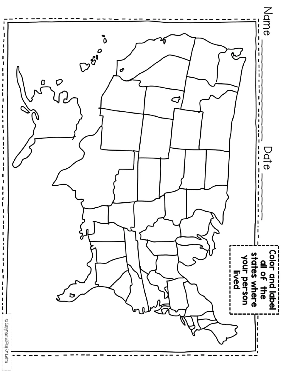 U.S. map activity: students color and label every state where their chosen famous person lived