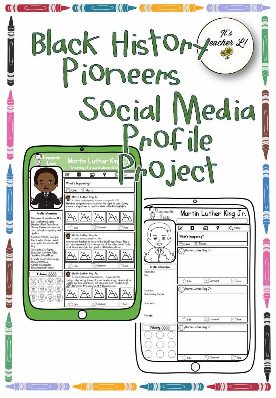 Black History Pioneers Social Media Profile Project cover showing a colored and a blank Martin Luther King Jr. profile