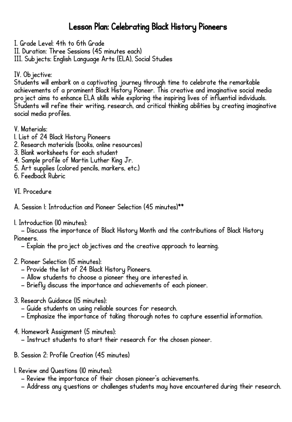 Lesson plan, part 1: objective, materials list and Session 1 steps for choosing a pioneer and guiding research