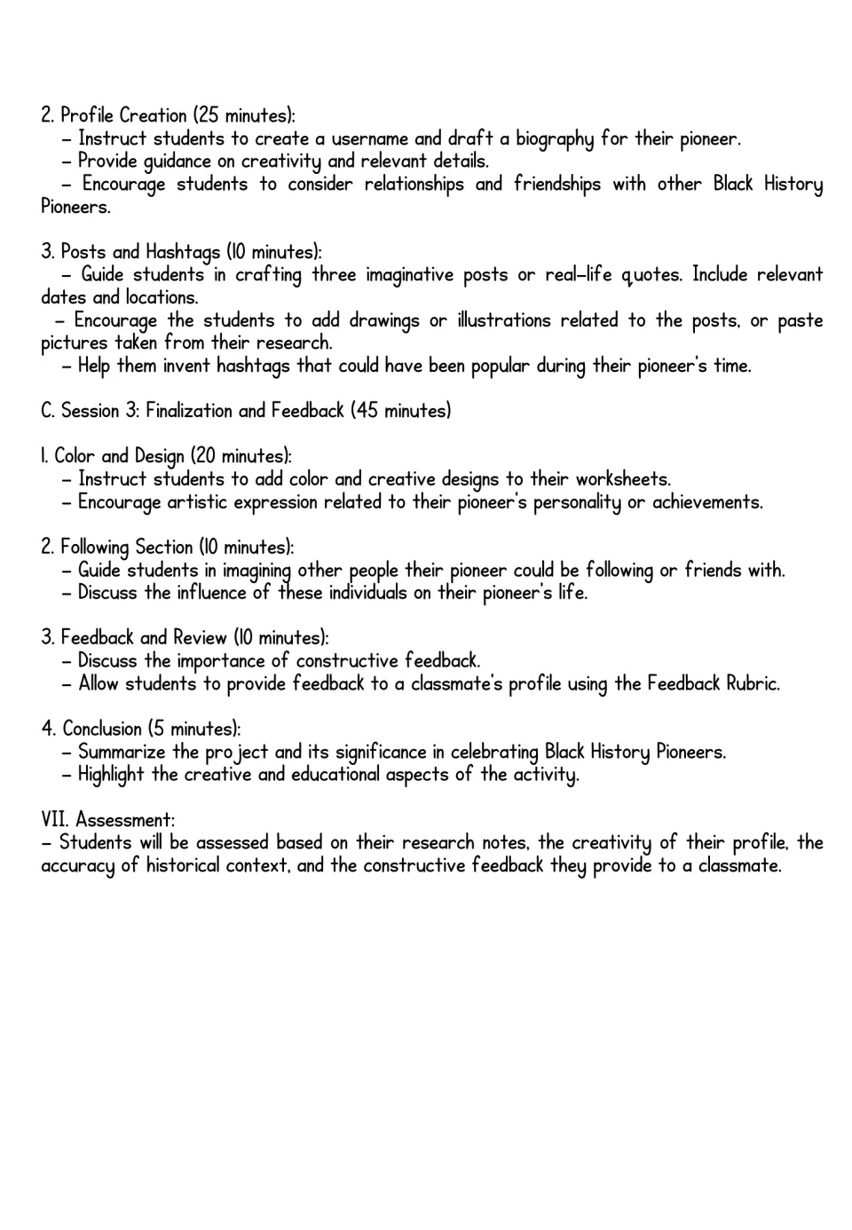 Lesson plan, part 2: Sessions 2 and 3 on writing bios, posts and hashtags, adding color, peer feedback, plus assessment