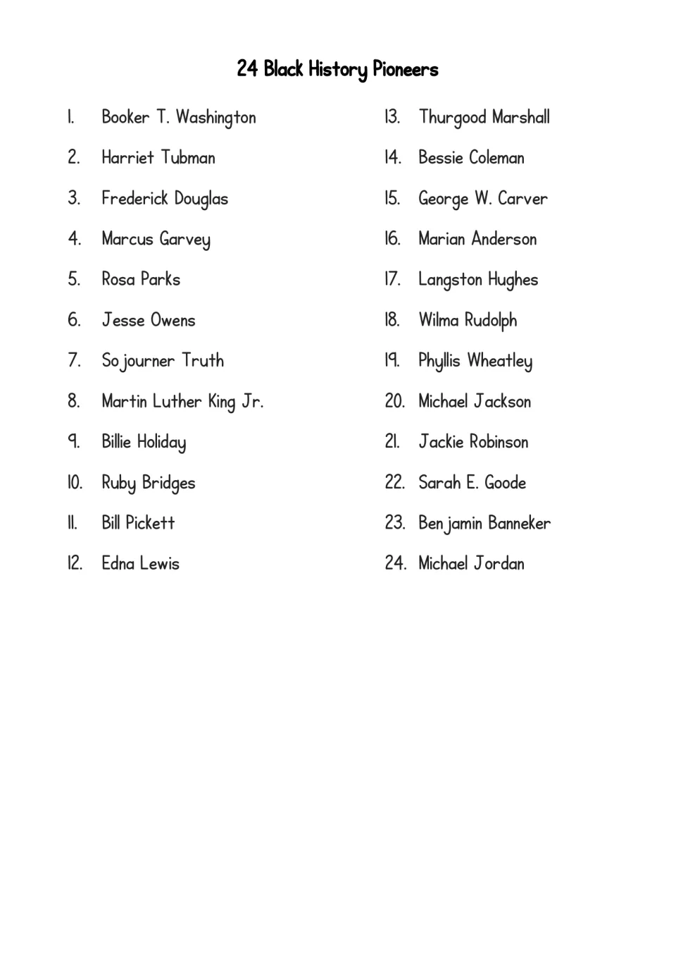 List of 24 Black history figures to choose from, including Harriet Tubman, Rosa Parks, Ruby Bridges and Langston Hughes