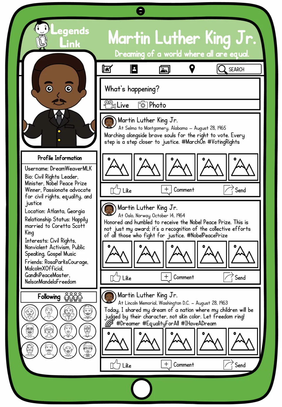 Sample Legends Link profile of Martin Luther King Jr. with username, bio and three posts from Selma, Oslo and Washington