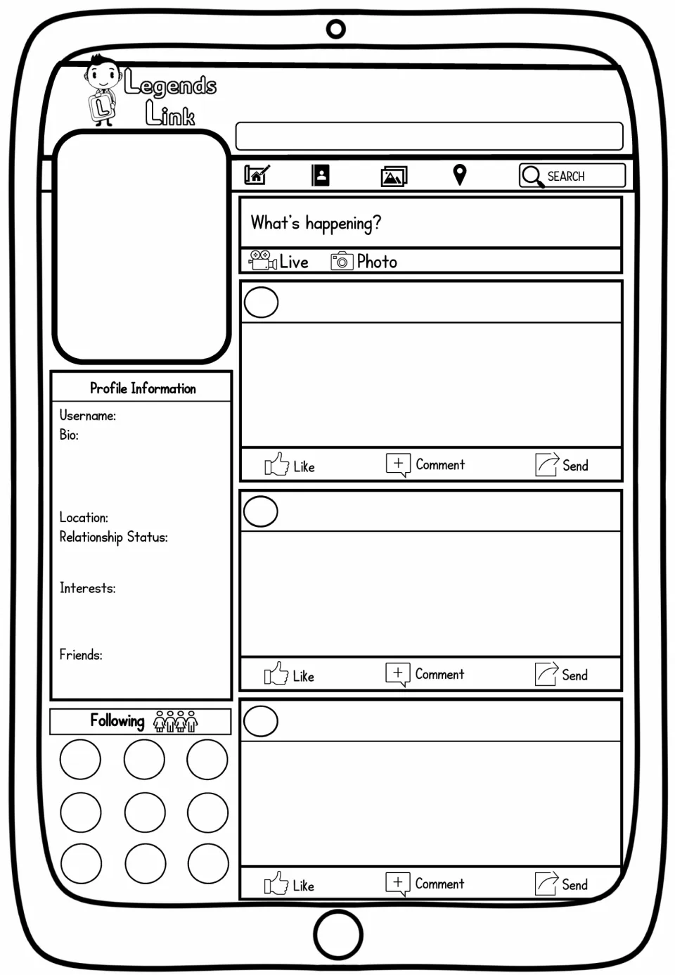 Blank Legends Link profile template: students add a portrait, username, bio, location, interests, friends and three posts